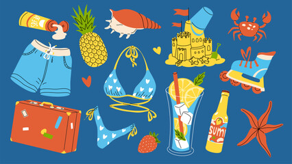 Summer trendy set of stickers. Vacation icons. Beach holiday and party elements. Banner and advertising design. Vector illustration isolated on a color background.