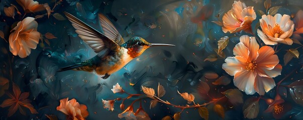 Fototapeta na wymiar Iridescent Hummingbird Amid Vivid Floral Backdrop in Moody Atmospheric Scene Highlighting Nature s Captivating Contrast