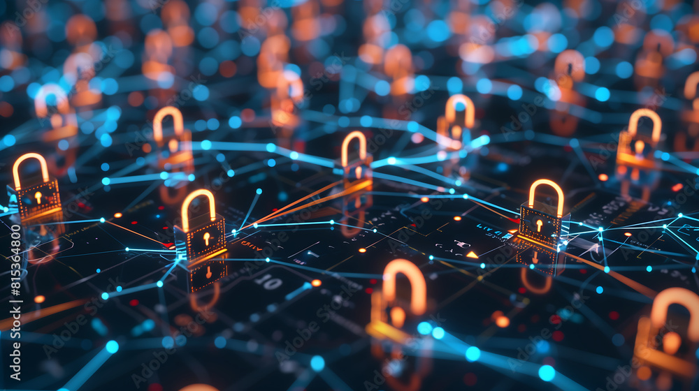 Poster abstract digital background with glowing padlocks on network connections, symbolizing security and d
