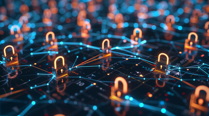 abstract digital background with glowing padlocks on network connections, symbolizing security and data protection , cyber security concept