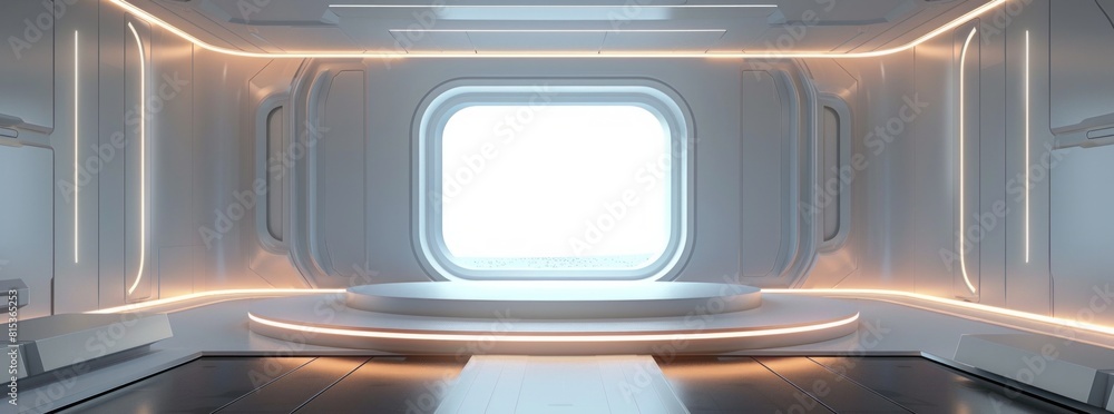 Wall mural 3d render of futuristic white empty podium stage in scifi space station interior with light from the window - Wall murals