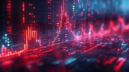 Dynamic digital chart with neon highlights, showcasing plummeting stock graphs and financial loss, evoking a sense of urgency and chaos in a recession, with intricate data overlays