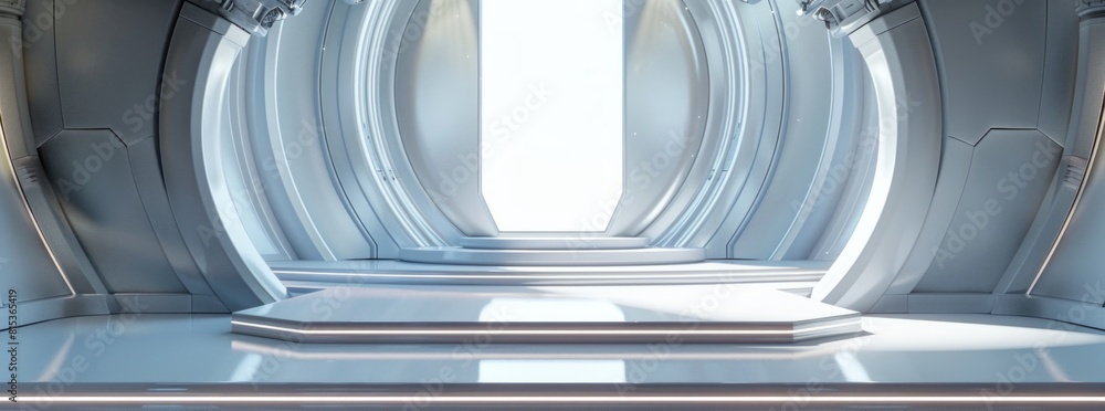 Poster 3d render of futuristic white empty podium stage in scifi space station interior with light from the