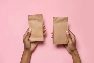 Fototapeta premium Womans hands hold cardboard packages for tea or snacks on a beige background. Tea branding and packaging mockup. High quality