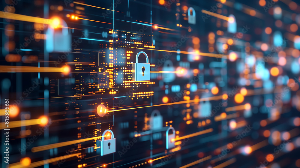 Poster digital background featuring digital padlock icons on glowing grid, representing cyber security and 