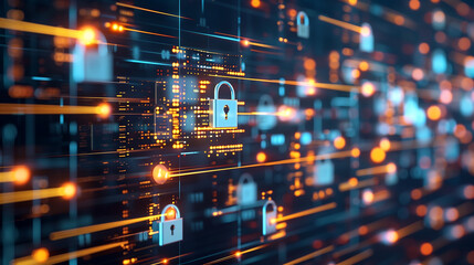 Obraz premium digital background featuring digital padlock icons on glowing grid, representing cyber security and cyber protection in the virtual space