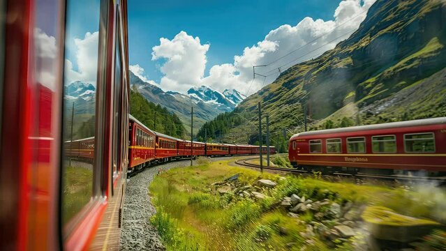 Animation amazing red train in the switzerland mountain. seamless 4k video looping background. generated with ai	