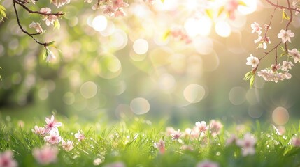 Fototapeta premium A serene spring morning in a blooming orchard with cherry blossoms and green grass, framed by bright sunlight filtering through the branches. Spring background