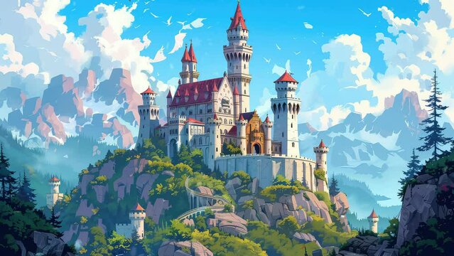 Animation amazing castle with high towers. seamless 4k video looping background. generated with ai	