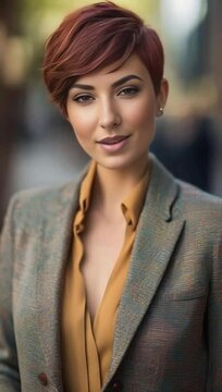 front portrait of a young business woman with a pixie cut in a vibran