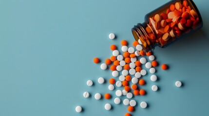 Vibrant Orange and White Pill Spacecrafts Spilling from Open Glass Bottle on Blue Background. Healthcare, medical drugs concept