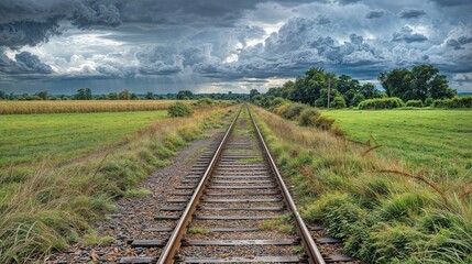 Fototapeta premium Scenic Railway Tracks Through Lush Green Fields Under Dramatic Stormy Skies