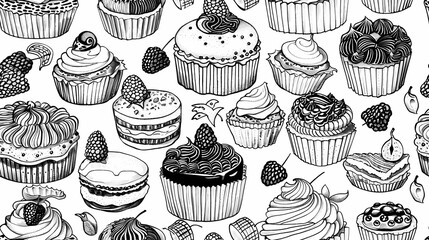 A delicious array of sketched cupcakes and berries