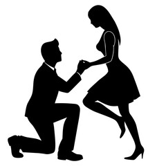 Vector silhouette of a Boyfriend proposing to his girlfriend in a romantic moment by breaking his knee 