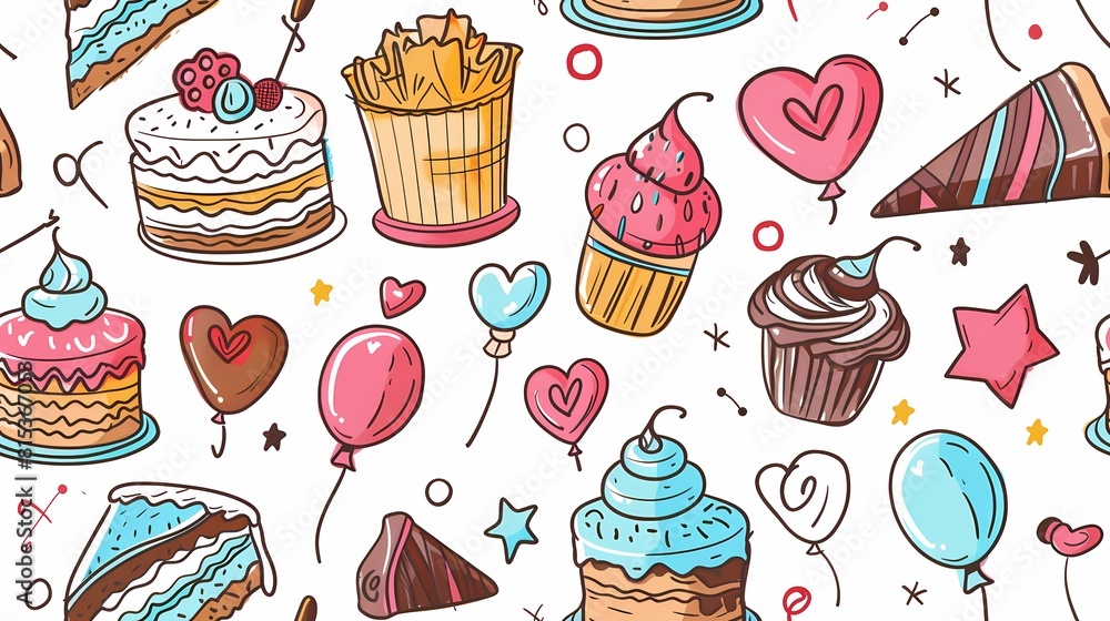 Wall mural a delightful array of hand drawn sweets and treats patterns