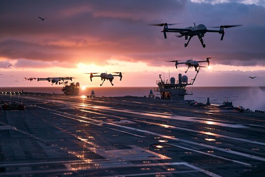 A group of drones flying over an aircraft carrier during sunset, showcasing the merging of advanced technology and military operations