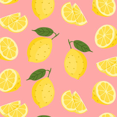 Summer bright seamless pattern with fruits. Juicy lemon pattern. Trendy ornament for textile, wrapping paper, notebook design or wallpaper. Vector illustration isolated on a color background.