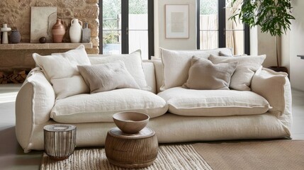 Obraz premium Great as Interior Furniture Design Inspiration Minimal Modern Elegant Neutral Cozy White Scandinavian Living Room with Sofa and Plants Soft Earthy Colors 