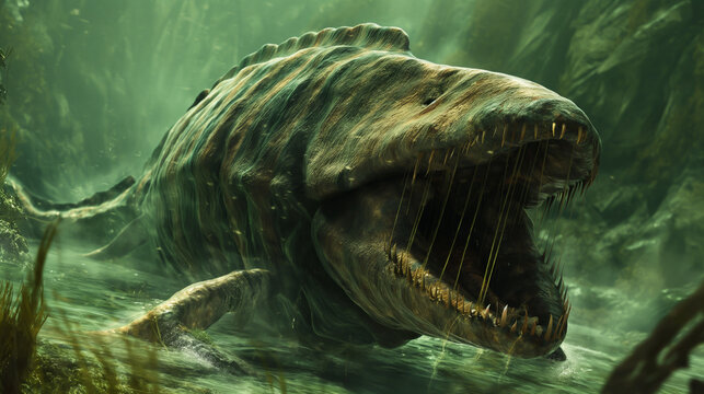 prehistoric scary monster mosasaurus in the water