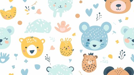 A cheerful pattern of cute illustrated animals and hearts
