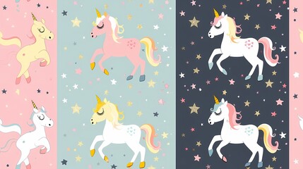 A colorful and whimsical unicorn pattern spread across four panels