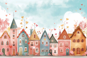 Fototapeta premium Aquarelle illustration of a cute cityscape with little houses and pink trees.