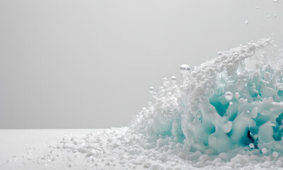 Drop of fluffy bath foam on turquoise background, 3d render of water splash isolated on blank background