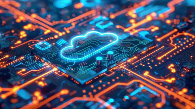 Blue and orange circuit board with a glowing blue cloud in the center.