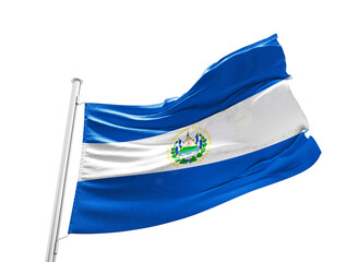 El Salvador waving flag with mast on white background with cutout path.