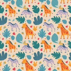 a pattern featuring exotic animals like zebras, giraffes, and elephants,