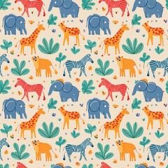 a pattern featuring exotic animals like zebras, giraffes, and elephants,