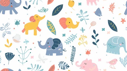 A vibrant pattern of adorable elephants and foliage