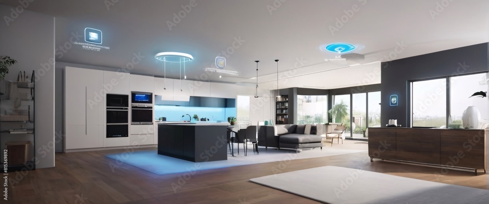 Poster illustrate the concept of the internet of things with an image of a smart home, featuring various co