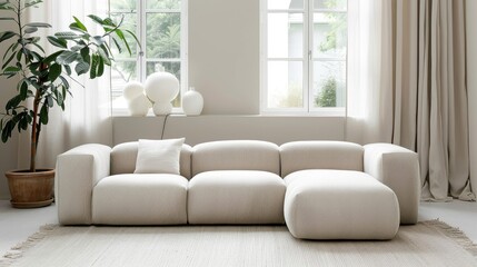 Great as Interior Furniture Design Inspiration Minimal Modern Elegant Neutral Cozy White Scandinavian Living Room with Sofa and Plants Soft Earthy Colors
