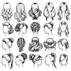 Beautiful women hairstyles set vector silhouette isolated on white background