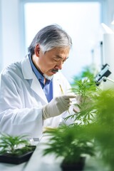 Male scientist grows medical cannabis in scientific laboratory carefully checking quality of plants. Mature scientist lab technician in bathrobe and gloves checking medical cannabis plants in pots