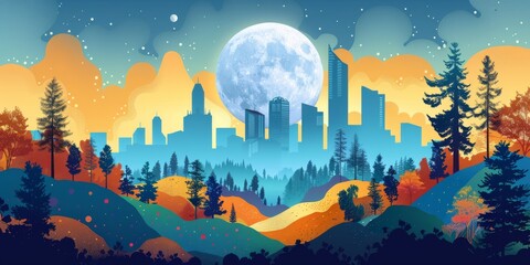 Fototapeta premium Colorful Illustration of a Vibrant City Skyline Amidst a Lush Forest Under a Full Moon