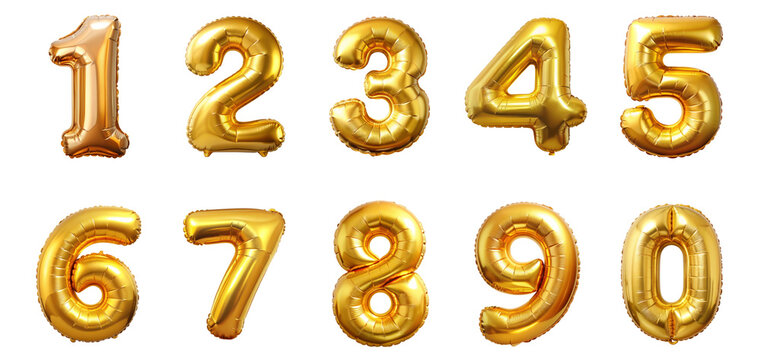 Gold balloons, alphabet letters and numbers. 3d vector realistic symbols. Festive decorations set, Golden Number Balloons 0 to 9. Foil and latex balloons. Helium balloons for anniversary and wedding