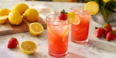a vibrant and refreshing strawberry lemonade with fresh strawberries, generative AI