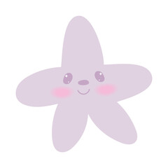 Cute kawaii starfish,sea star in hand draw flat style isolated on white background. Children vector illustration.Cartoon funny baby animal character design.Soft pastel colors.