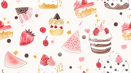 A delightful pattern of watercolor desserts and fruits on a light background
