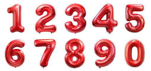 Red Foil balloons, alphabet letters and numbers. 3d realistic symbols. Festive decorations set, Golden Number Balloons 0 to 9. Foil and latex balloons. Helium balloons for anniversary and wedding