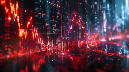 Obraz premium Innovative digital artwork of a declining stock chart, representing economic crisis and financial loss, with a mix of abstract shapes, bright highlights, and dark shadows