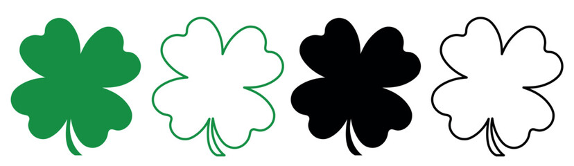 A set of four-leaf clovers for good luck. Flat icons green, black linear