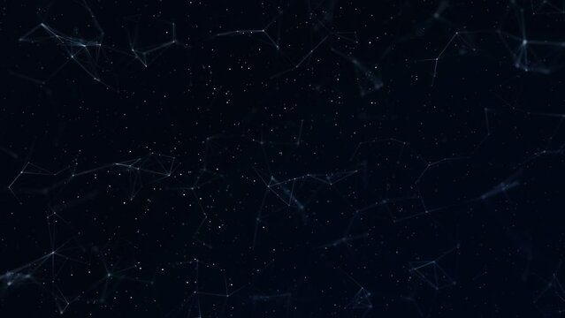 Digital technology connected lines dots animation on black copy space background.