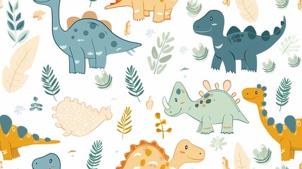 A playful array of colorful cartoon dinosaurs amidst foliage
