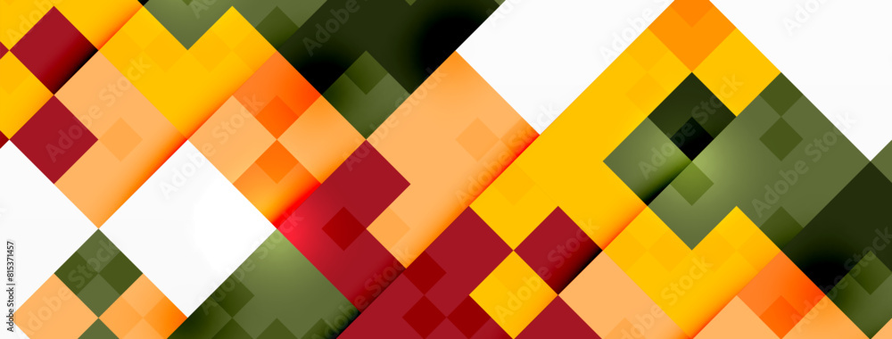 Poster a vibrant seamless pattern featuring colorful rectangles and triangles on a white background, creati