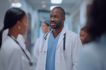 Confident african american male doctor in white coat talking to his colleagues in hospital hallway - Powered by Adobe