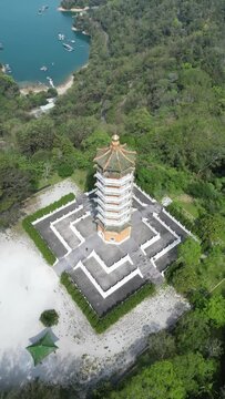 Aerial view of Pa Cien Pagoda with Ita thao pier background in Nantou