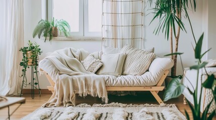 Great as Interior Furniture Design Inspiration Minimal Modern Elegant Neutral Cozy White Scandinavian Living Room with Sofa and Plants Soft Earthy Colors

